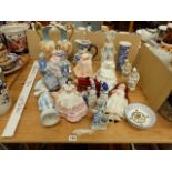 A GROUP OF COALPORT, ROYAL DOULTON, AND OTHER FIGURINES, A MASONS IRON STONE JUG, A VULCAN MINIATURE