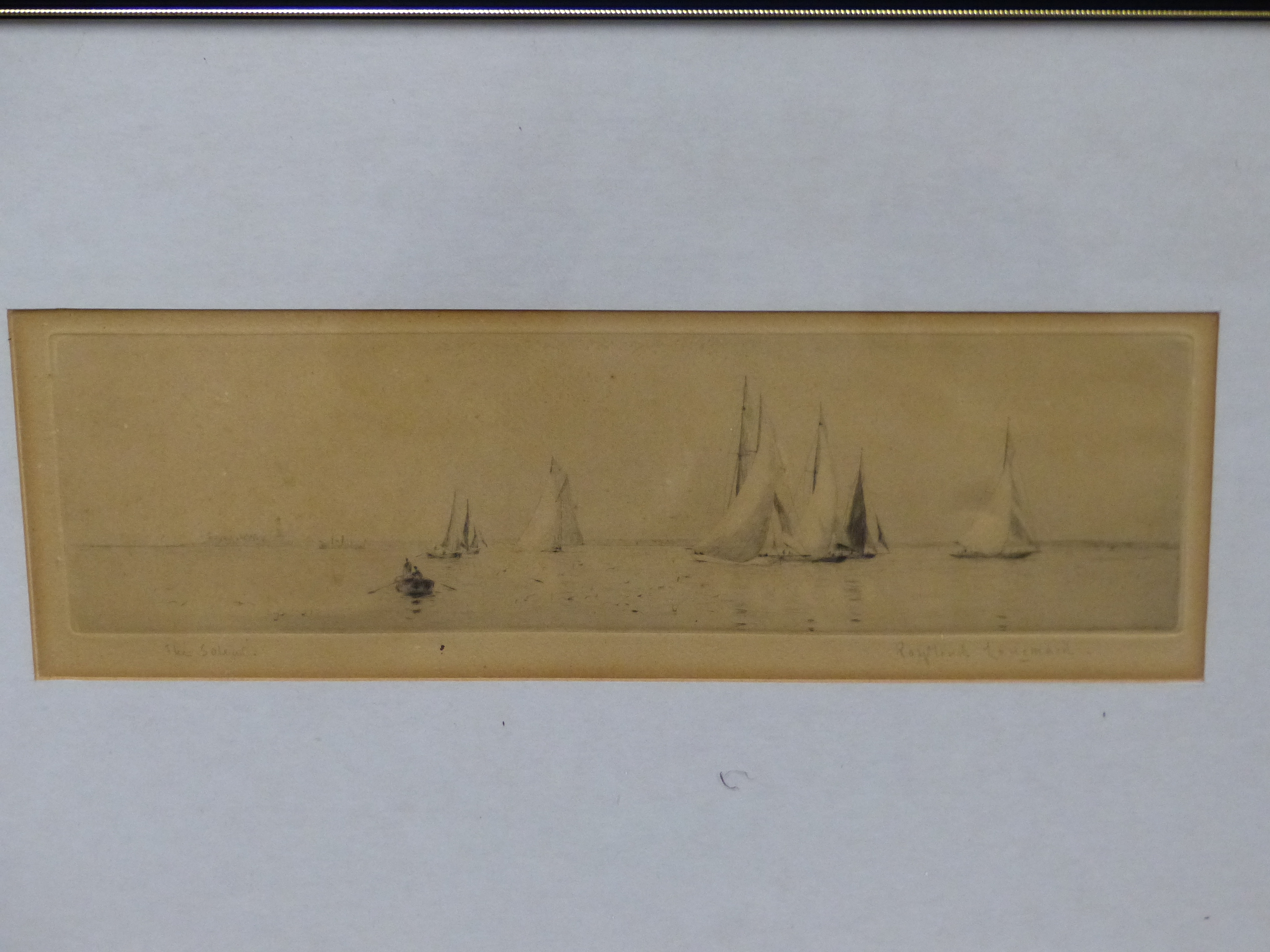 ROWLAND LANGMAID (1897 - 1956). SAILING VESSELS OFF RYDE. PENCIL SIGNED ETCHING. 10 x 34cms.