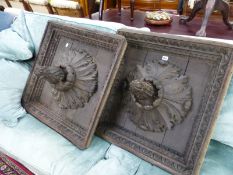 THREE REGENCY FOLIATE CARVED OAK CEILING BOSSES IN SQUARE EGG AND DART BANDED FRAMES, ONE INSCRIBED