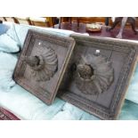 THREE REGENCY FOLIATE CARVED OAK CEILING BOSSES IN SQUARE EGG AND DART BANDED FRAMES, ONE INSCRIBED