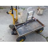 A FOUR WHEEL TROLLEY, TOGETHER WIT TWO SMALL SACK TRUCKS. (3)