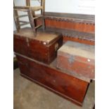 TWO TEAK CAMPAIGN TYPE BOXES , A LARGE PINE BOX, A BOOKCASE AND A CHILD'S CHAIR