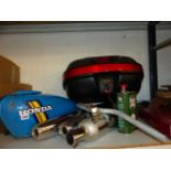 A VINTAGE HONDA MOTORCYCLE FUEL TANK AND A PAIR OF HARLEY DAVIDSON CHROME SILENCERS AND OTHER ITEMS