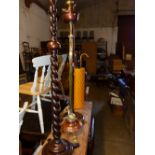 A VICTORIAN BRASS STANDARD LAMP AND TWO WOODEN LAMPS