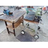 TWO SMALL WORK BENCHES AND A BENCH GRINDER (3)