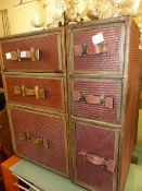 TWO FAUX RATTAN CHESTS, A LAUNDRY BIN AND SWING MIRROR