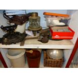 A VICTORIAN BOOT SCRAPER, OTHER METALWARE'S, A RETRO BIN, PICNIC BASKET, ETC