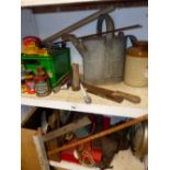 A QUANTITY OF VARIOUS TOOLS AND A LARGE ANTIQUE WATERING CAN.