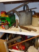 A QUANTITY OF VARIOUS TOOLS AND A LARGE ANTIQUE WATERING CAN.