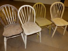 FOUR ANTIQUE PAINTED SPINDLE BACK WINDSOR CHAIRS