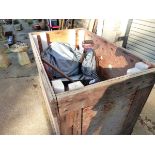 A QUANTITY OF TOOLS ETC IN A LARGE WOODEN CRATE