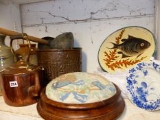 A VICTORIAN COPPER KETTLE, A FOOT STOOL, FISH DECORATED PLATE ETC