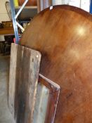 A LARGE CIRCULAR TABLE TOP, A PINE TABLE TOP AND VARIOUS TIMBERS