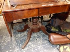 A 19TH C. MAHOGANY DROP LEAF CENTRE TABLE WITH FRIEZE DRAWERS ON QUADRUPED LEGS. W 86 X D 67 X H