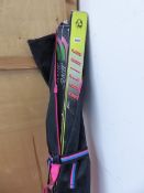 TWO PAIRS OF SKIS, SNOOKER CUES, GRAYS HOCKEY STICK.