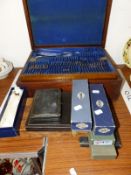 AN OAK CANTEEN OF OLD ENGLISH PATTERN ELECTROPLATE CUTLERY TOGETHER WITH FURTHER BOXES AND CASES