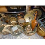 A LARGE QUANTITY OF ANTIQUE AND LATER COPPER, BRASS AND OTHER METAL WARES.