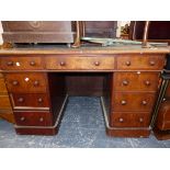 A VICTORIAN MAHOGANY TWIN PEDESTAL WRITING DESK. W 122 X D 65 X H 75CMS.