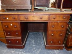 A VICTORIAN MAHOGANY TWIN PEDESTAL WRITING DESK. W 122 X D 65 X H 75CMS.