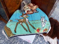 VINTAGE DISNEY MATS, QUANTITY OF VINTAGE SCARVES, PATCHWORK QUILT COVER ETC.