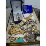 A COLLECTION OF VINTAGE AND OTHER COSTUME JEWELLERY, A WRIST WATCH, A FOB WATCH, SILVER RINGS,