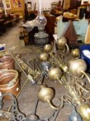 A PAIR OF BRASS FIVE BRANCH WALL LIGHTS WITH SHADES, AN OIL LAMP, OTHER LIGHTING TOGETHER WITH