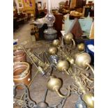 A PAIR OF BRASS FIVE BRANCH WALL LIGHTS WITH SHADES, AN OIL LAMP, OTHER LIGHTING TOGETHER WITH