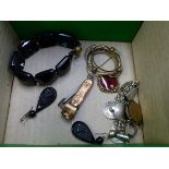 A 9CT GOLD CIGAR CUTTER, A 935 SILVER FOB WATCH, A CHARM BRACELET ETC.