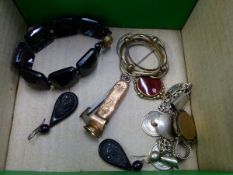 A 9CT GOLD CIGAR CUTTER, A 935 SILVER FOB WATCH, A CHARM BRACELET ETC.