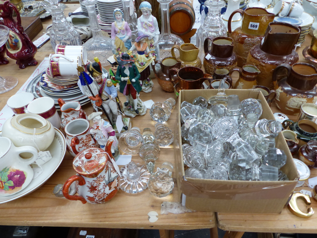 DECANTERS, BROWN SALTGLAZE JUGS, VARIOUS FIGURES AND COFFEE WARES