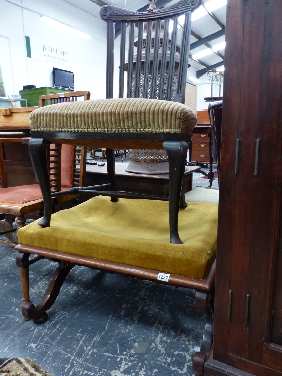 A VICTORIAN ROSE WOOD LARGE X FRAME DRESSING STOOL AND AN UNUSUAL EBONISED SIDE CHAIR.