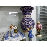 AN ISLAMIC BLUE AND WHITE VASE, A BALLOON CLOCK AND FOUR VARIOUS FIGURES TO INCLUDE A DERBY FIGURE