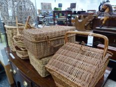 THREE WICKER PICNIC HAMPERS, A WICKER LOG BASKET ETC.