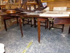 A GEORGE III MAHOGANY D END DINING TABLE WITH TWO ADDITIONAL LEAVES ON SQUARE TAPERED LEGS WITH