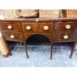 A GEORGE III MAHOGANY BOW FRONT SIDE BOARD. W 153 X D 71 X H 90CMS.