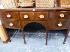 A GEORGE III MAHOGANY BOW FRONT SIDE BOARD. W 153 X D 71 X H 90CMS.