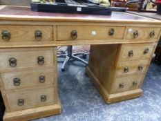 AN ANTIQUE PINE TWIN PEDESTAL DESK. W 121 X D 56 X H 79CMS.