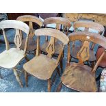 A SET OF SIX ANTIQUE KITCHEN SIDE CHAIRS.