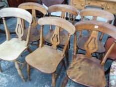 A SET OF SIX ANTIQUE KITCHEN SIDE CHAIRS.