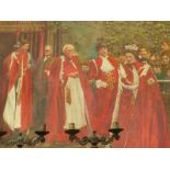 20TH CENTURY BRITISH SCHOOL, THE QUEEN AND OTHER DIGNITARIES, OIL ON BOARD, UNFRAMED, 105 x 105cm