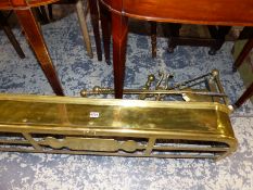 THREE ANTIQUE BRASS FENDERS, FIRE SIDE TOOLS ETC.