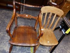 A 19TH C. YEW WOOD AND ELM OXFORD TYPE ARMCHAIR AND A VICTORIAN SIDE CHAIR.