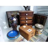 A MINIATURE BUREAU, A LACQUER CABINET, BURR MAPLE DRAWERS, TWO PIECES OF CLOISONNE AND A SPELTER