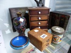 A MINIATURE BUREAU, A LACQUER CABINET, BURR MAPLE DRAWERS, TWO PIECES OF CLOISONNE AND A SPELTER