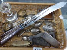 A HALLMARKED SILVER DRESSING TABLE BOX, A NURSES BUCKLE, CANDLE STICK, SMALL PHOTO FRAME, VARIOUS