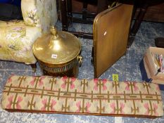 A VICTORIAN SMALL FENDER STOOL, A FIRE SCREEN AND COAL BUCKET.