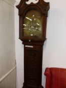 A 19TH CENTURY OAK CASED LONGCASE CLOCK, EIGHT DAY MOVEMENT WITH MOTTO INSCRIBED BRASS ARCH TOP