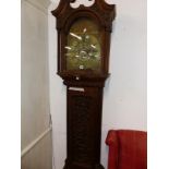 A 19TH CENTURY OAK CASED LONGCASE CLOCK, EIGHT DAY MOVEMENT WITH MOTTO INSCRIBED BRASS ARCH TOP