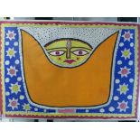 TWO INTERESTING TRIBAL/ETHNIC PAINTINGS ON LINEN. UNFRAMED LARGEST 83 x 120 cm (2)