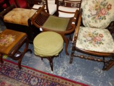 AN EDWARDIAN DRESSING STOOL, A REVOLVING PIANO STOOL, A BOX PIANO STOOL, A X FRAME STOOL AND A